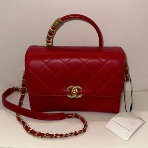 CHANEL Pearl Logo Top Handle Flap Bag